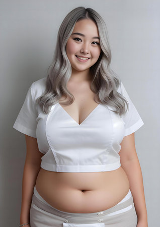 Portrait of a beautiful asian pregnant woman on gray background.の素材
