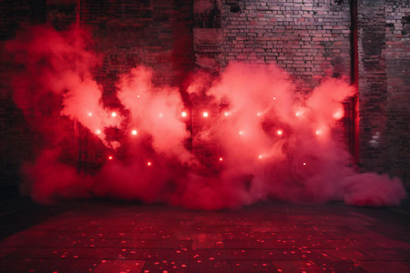 Red smoke on the floor in a dark room with brick walls.の素材