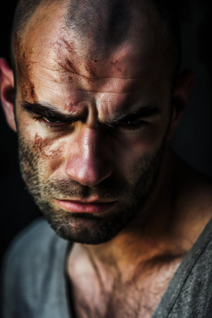 Portrait of a young man with wounds on his face in a dark roomの素材