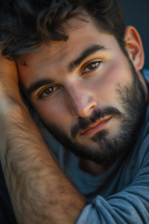 Close up portrait of a handsome young man with dark hair and beardの素材