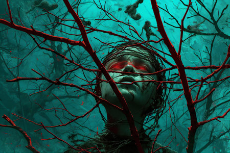 Zombie woman in the dark forest. Halloween concept.の素材