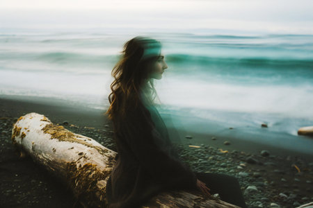 Young woman sitting on a log by the sea and looking into the distanceの素材