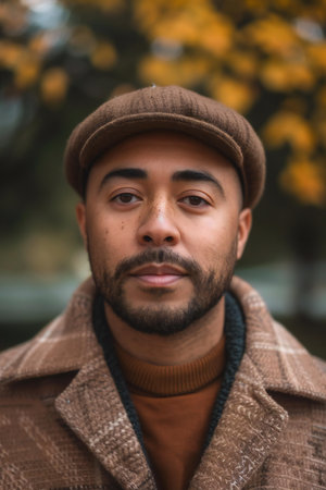 Portrait of a handsome Indian man in a hat and coat.の素材