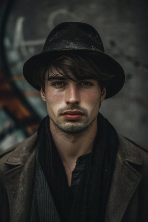 Portrait of a handsome man in a hat. Men's beauty, fashion.の素材