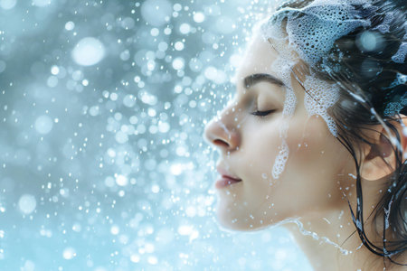 Beautiful young woman taking shower in the morning. Beauty and spa concept.の素材