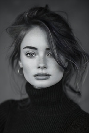 portrait of a beautiful girl in a black sweater on a gray backgroundの素材