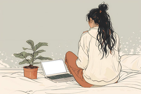 Young woman sitting on bed and using laptop computer.の素材