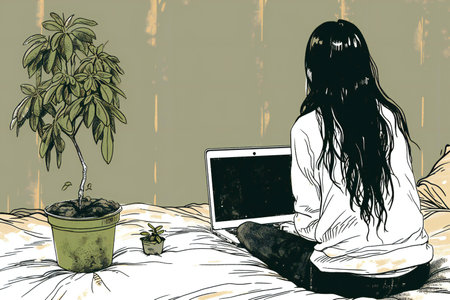 girl sitting on the bed with a laptop and a potted plantの素材