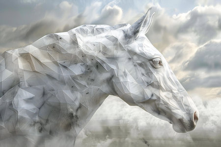 White horse head with clouds and sky background.の素材