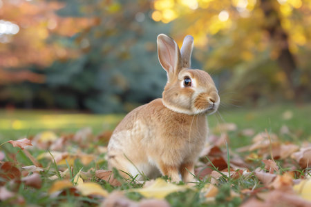 Cute rabbit in the park on autumn day. Animal theme.の素材