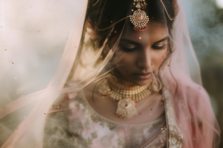 Portrait of a beautiful indian bride with veil and jewelry.の素材