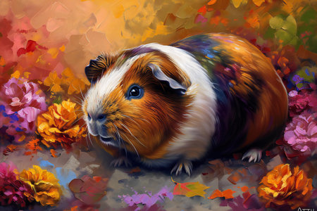 Illustration of a guinea pig on a background of autumn leavesの素材