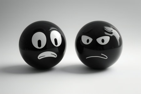Black ball with a sad face on a white background,の素材