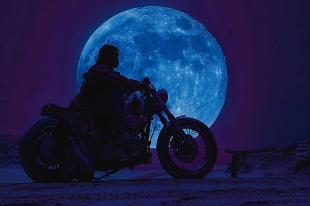 Silhouette of a man on a motorcycle on the background of the full moonの素材