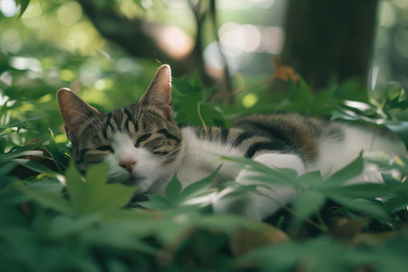 Cute cat lying on the grass in the garden,selective focusの素材