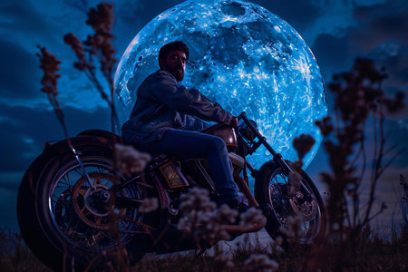 Biker sitting on his motorcycle at night with full moon background.の素材