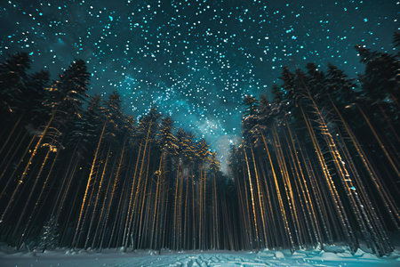 Night winter forest with snow covered trees and lights. Christmas background.の素材