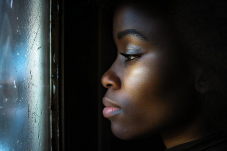 Close up portrait of a beautiful african american woman looking out the windowの素材