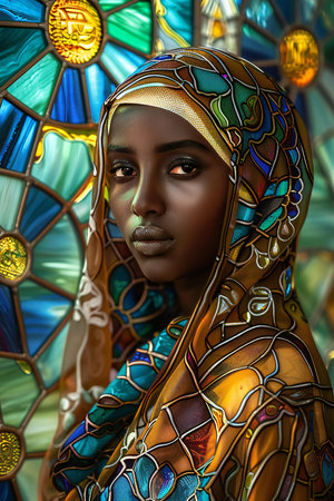 Portrait of a beautiful african woman in a stained glass window.の素材