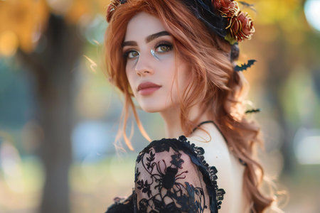 Portrait of a beautiful red-haired girl in a black dress with a wreath on her head.の素材