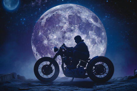 Silhouette of a motorcycle rider on the background of the full moonの素材