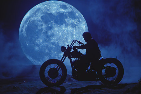 Silhouette of a man on a motorcycle in the moonlight.の素材