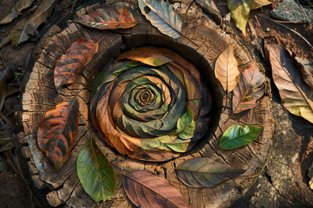 Decorative leaves in the form of a rose on a tree stumpの素材