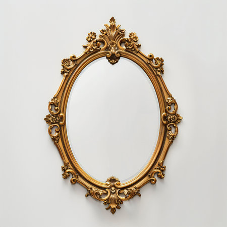 Golden vintage frame on white wall with copy space.の素材