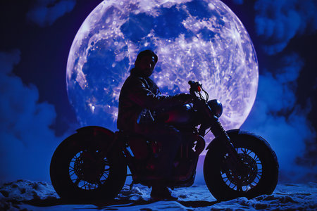 Silhouette of a man on a motorcycle on a background of the full moon.の素材