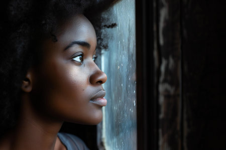 Portrait of a beautiful african american woman looking out the windowの素材