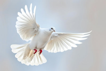 White dove in flight with open wings on a background of blue skyの素材
