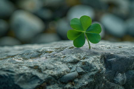 Green clover leaf on a rock with shallow depth of field.の素材