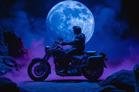 Silhouette of a man sitting on a motorcycle on the background of the full moonの素材