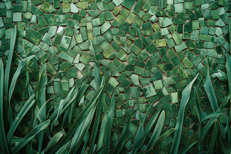 Green tile wall and green leaf in the garden, vintage tone.の素材