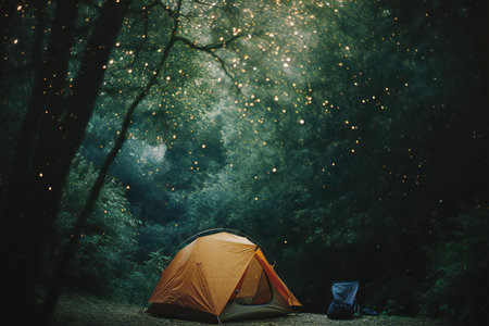 Camping in the forest at night with a backpack and tent.の素材