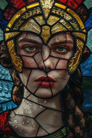 Stained glass window depicting the face of the Virgin Mary. Stained glass in the church of St. Francis of Assisi.の素材