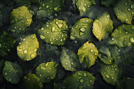Green leaves with water drops. Natural background. Top view. Toned.の素材