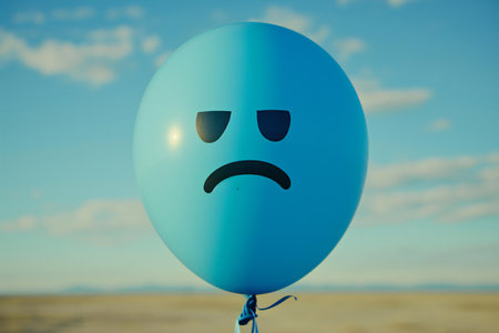 Sad balloon on blue sky background. Emoticon on blue balloon.の素材
