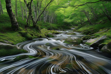 Oirase stream flowing through a green forest in Aomori, Japanの素材