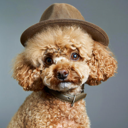 Studio portrait of a cute apricot poodle wearing a hat.の素材