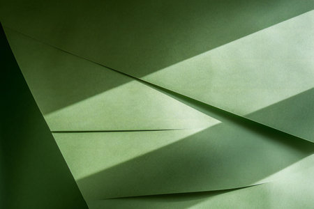 Green paper sheets with shadow and sunlight. Abstract background for design.の素材