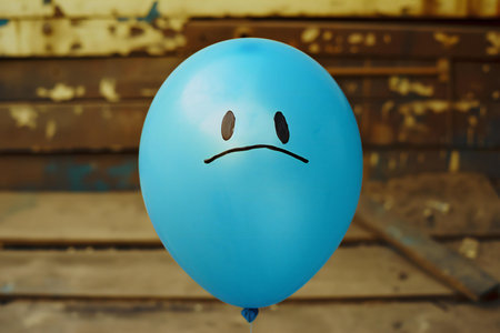 Blue balloon with sad face on old wooden background. Sadness conceptの素材