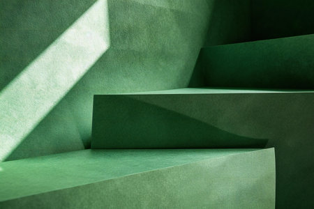 Abstract green interior with geometric shapes and shadows.の素材