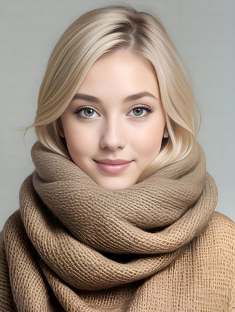 Portrait of a beautiful young woman in a warm knitted scarfの素材