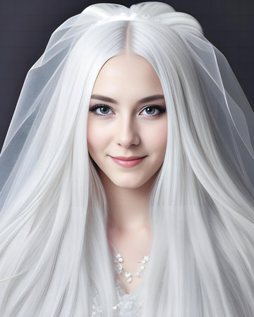 Portrait of beautiful bride with long white veil. Wedding hairstyle.の素材
