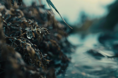 Water droplets on the branches of a plant. Selective focus.の素材
