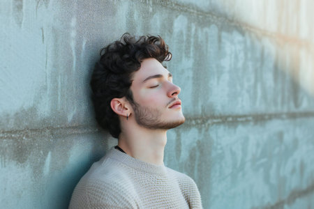 Portrait of a handsome young man leaning against a concrete wall.の素材