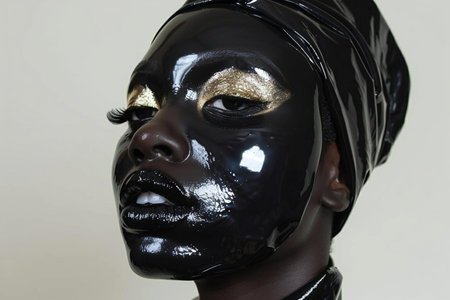 Close up of a black woman's face with black and gold makeupの素材