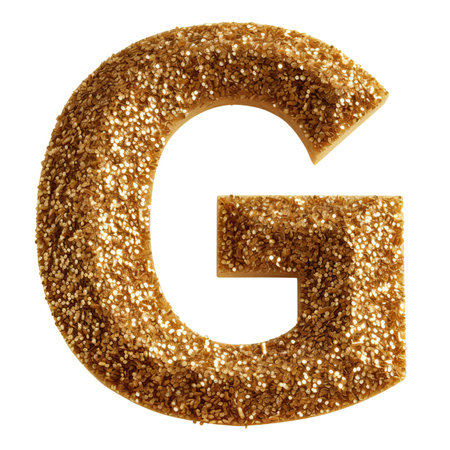Gold glitter letter G isolated on white background.の素材