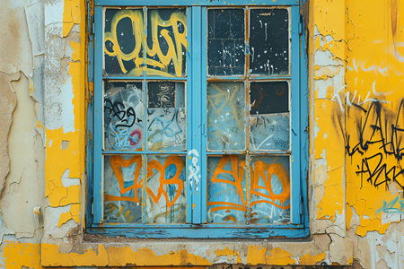 Graffiti on the window of an old abandoned house in Belgrade, Serbiaの素材